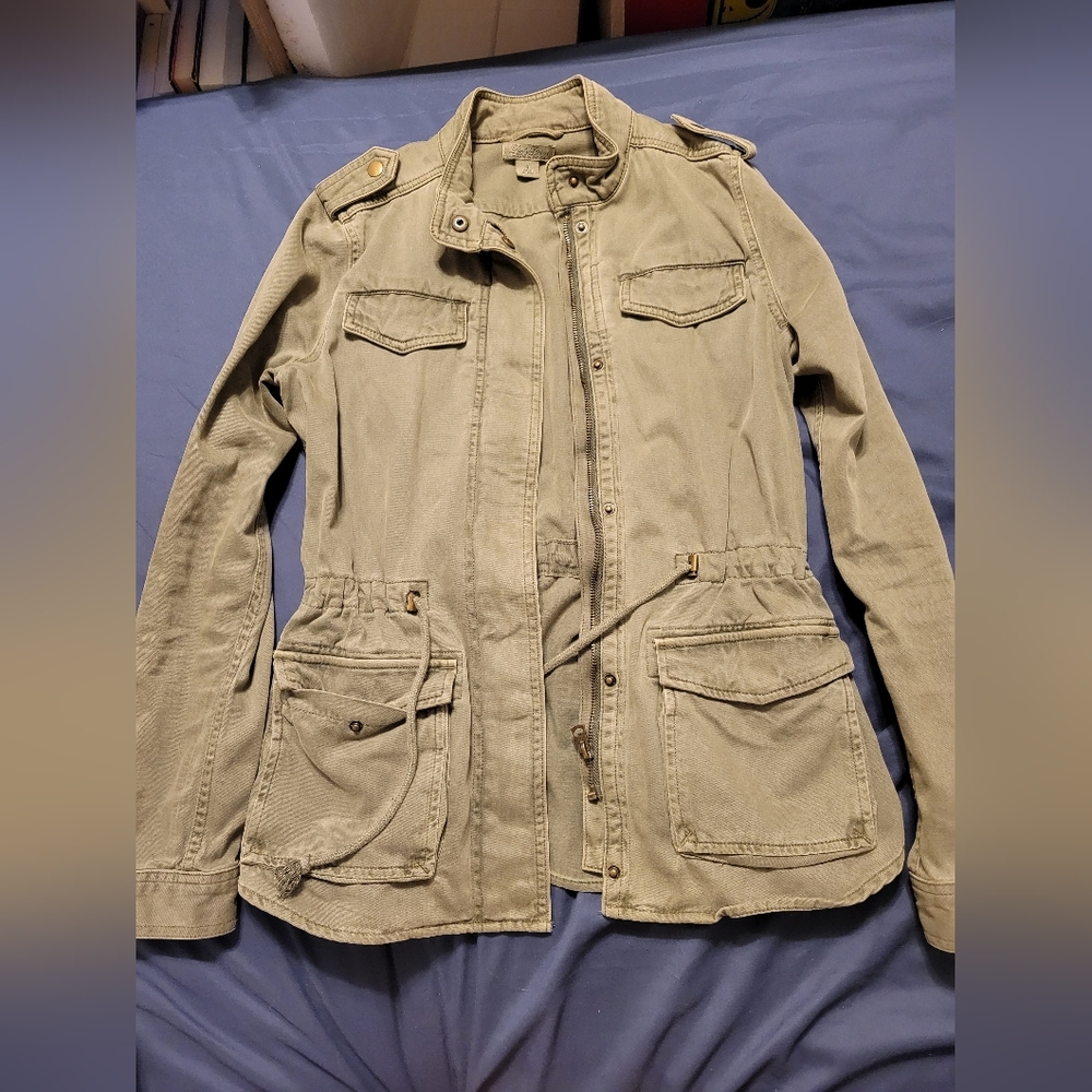 Lucky Brand Women's small Military Jacket army green draw string waist zip snaps